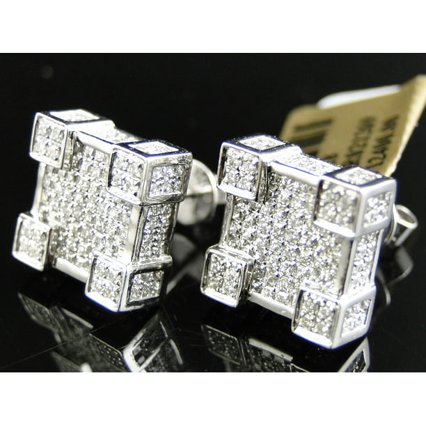 Sterling Silver Mens Round Yellow Diamond 3D Cube Stud Earrings 0.18 Cttw 